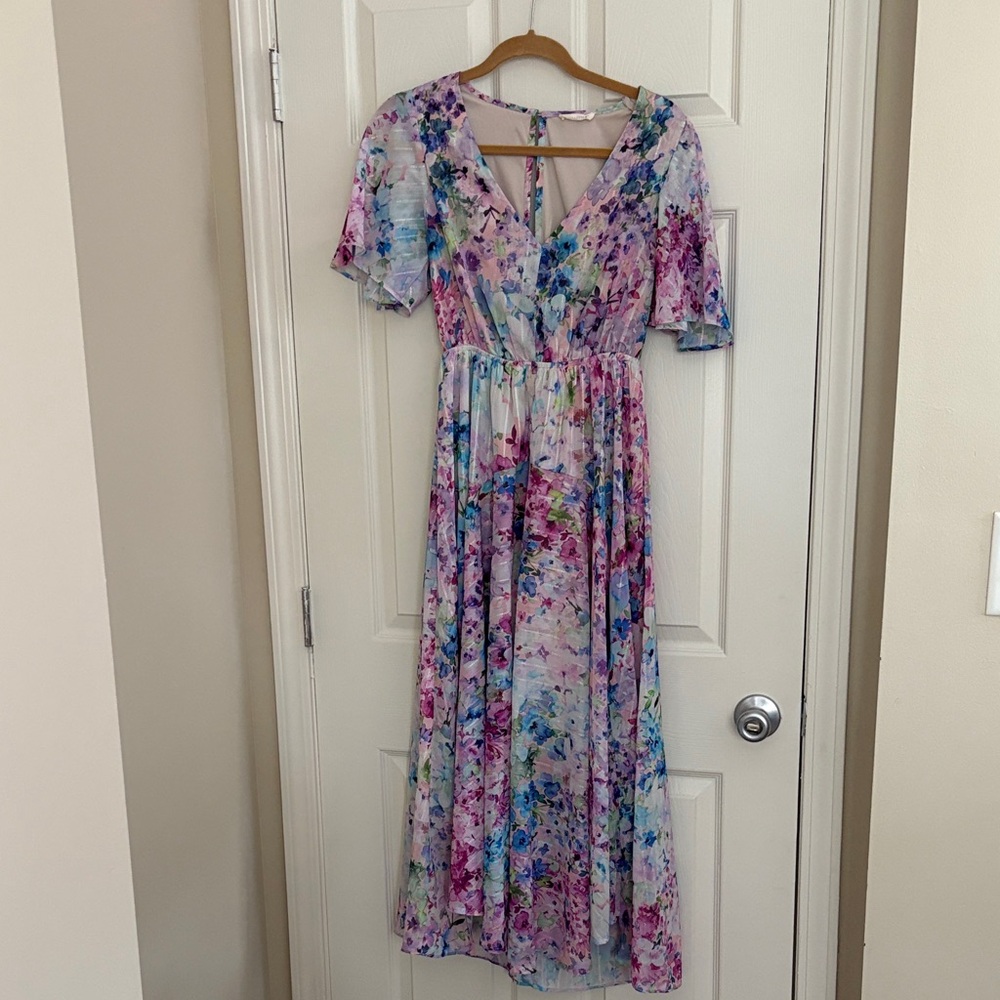 Lovestitch Vibrant Watercolor Flutter Sleeve  Lined Floral Maxi Dress